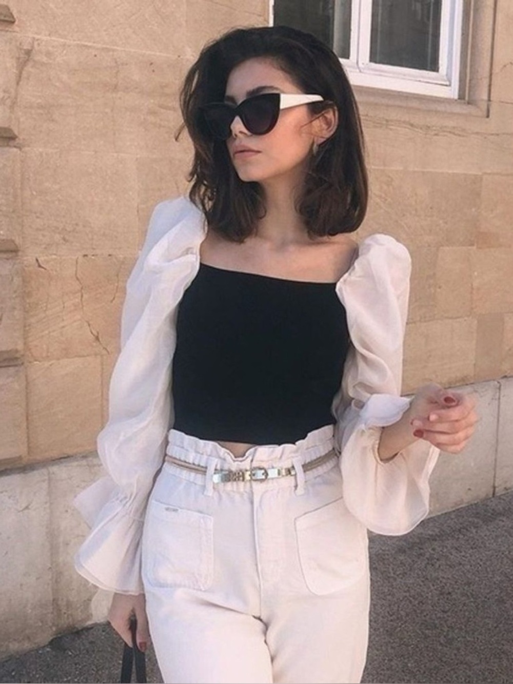 Zara Knit Sweater Organza Puff Sleeves Black Cream